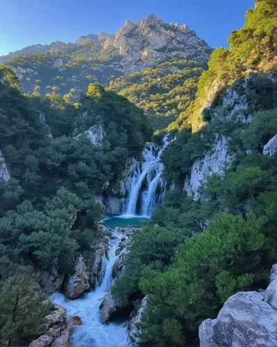 Imagine an adventurous hike in the breathtaking mountains near Kemer.,gorges du verdon,moustiers-sainte-marie,verzasca valley,corsica,source de la sorgue,serra de tramuntana,krka national park,la roch