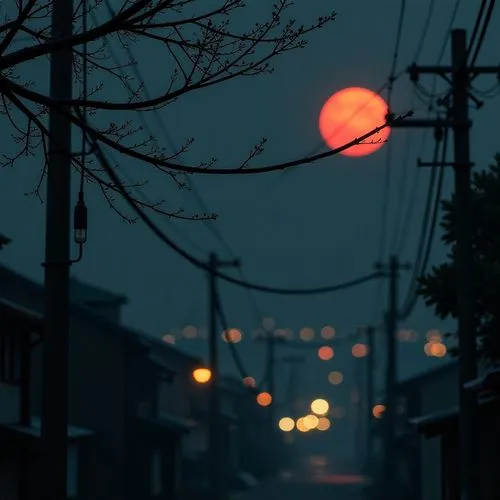 Dark scene with power lines, tree branches, bokeh lights, and a glowing circular light.,dark city street with bright lights shining on the top,red sun,moonrise,street lantern,street lamp,sunjong,hangi