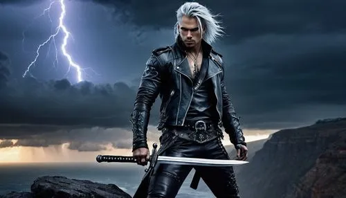 Blade singer, dark fantasy, male, muscular, powerful build, silver hair, piercing blue eyes, intricate face tattoos, black leather jacket, ripped pants, heavy combat boots, holding a sword, standing o