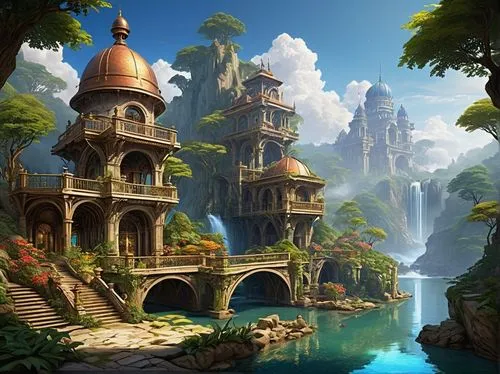 fantasy landscape,ancient city,fantasy city,citadels,underwater oasis,water palace,kinkade,silverglade,atlantis,fantasy picture,oasis,bird kingdom,3d fantasy,fantasy world,imperial shores,kalypso,idyllic,arenanet,rivendell,fairy village,Art,Classical Oil Painting,Classical Oil Painting 29