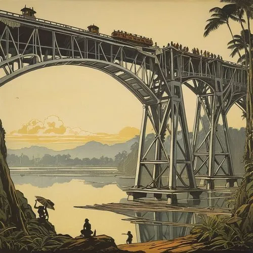 schuiten,schuitema,cool woodblock images,sheeler,chromolithography,bridgman,railroad bridge,fitzcarraldo,scenic bridge,pattullo,hakeim,ceylon,teak bridge,suspension bridge,golden bridge,travel poster,bridges,pont,punahou,whangarei,Illustration,Retro,Retro 07