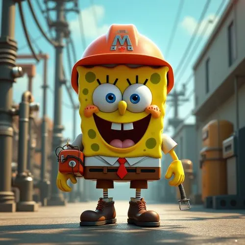 Spongebob dressed as Electrical Engineer, Electricians outfit, working in a high voltage distribution substation, Pixar, Disney, concept art, 3d digital art, Maya 3D, ZBrush Central 3D shading, bright