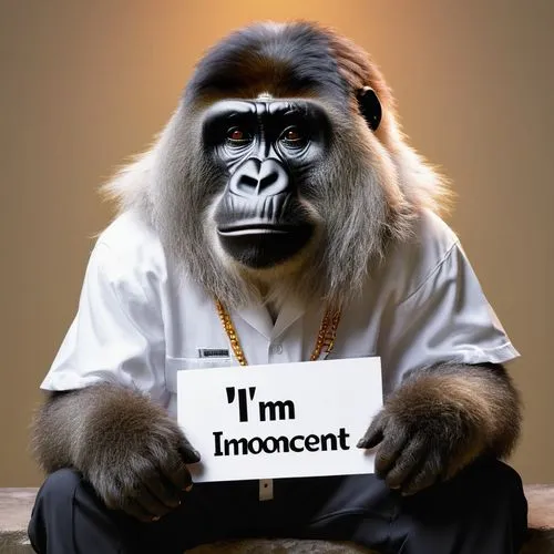 Harambe, cute face, bright eyes, fluffy fur, sitting, holding sign, "I'm innocent", white shirt, black pants, sneakers, simple background, soft focus, warm lighting, gentle composition, adorable expre