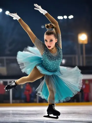 Figureskating, Reddit, winter sports, ice rink, stadium lights, cold weather, frosty air, dynamic pose, twirling skirt, sparkly costume, glittery makeup, ponytail hair, athletic body, leggings, skates