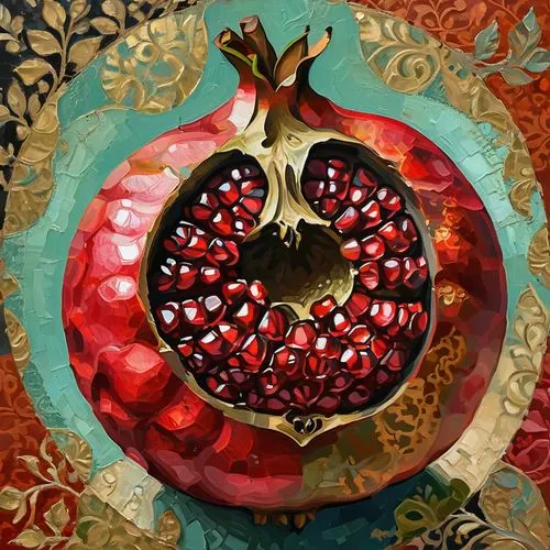 a painting of a pomegranate, digital art, by Anne Rigney, Alexander Segov, fine art, intricate textures, hd mixed media collage, seams, etsy, digital art - w 640, abstract figurative art, pyrography, 