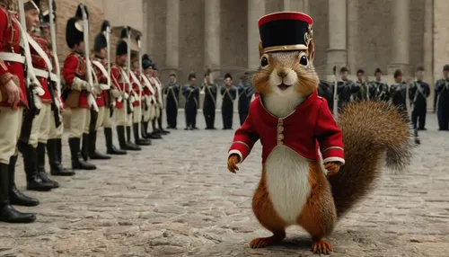 Craft a humorous scenario where the changing of the guard is disrupted by a mischievous squirrel.,red meerkat,meerkats,douglas' squirrel,the squirrel,mainzelmännchen,squirell,beaked hazelnut,weasel,fo