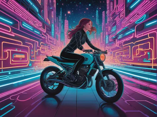 Paint a vivid picture of salsa cycles gracefully maneuvering through a maze of neon lights in a futuristic world.,sci fiction illustration,motorbike,motorcycle,electric scooter,cyberpunk,motorcycles,t