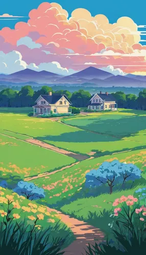 blooming field,farm landscape,clover meadow,springtime background,farm background,fields,countryside,rural landscape,home landscape,farms,plains,farm,flower field,farmland,spring background,rural,salt meadow landscape,summer meadow,prairie,landscape background,Illustration,Japanese style,Japanese Style 06