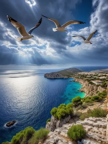 the mediterranean sea,greek island,thracian cliffs,cyprus,greek islands,mediterranean sea,karpathos island,balearic islands,aegean sea,greece,the balearics,ionian sea,cape greco,lycian way,lycian,peloponnese,aegean,flying sea gulls,hellenic,birds in flight,Conceptual Art,Graffiti Art,Graffiti Art 02