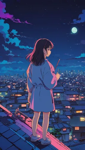 rooftop,rooftops,akko,stargazing,dusk background,clear night,on the roof,city lights,moonlight,night sky,night scene,falling stars,nighttime,nightsky,starlight,romantic night,the night sky,moon night,studio ghibli,dusk,Illustration,Japanese style,Japanese Style 04