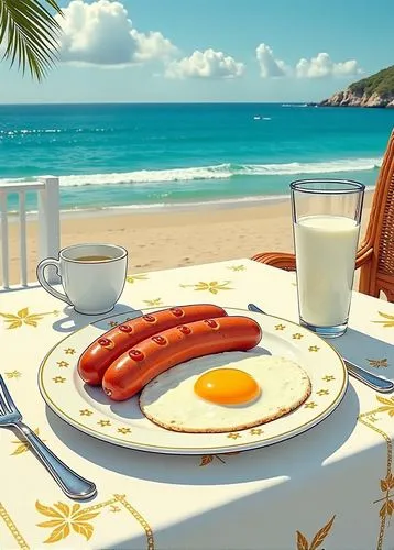 sausage plate,frankfurters,beach restaurant,breakfast outside,breakfast table,desayuno,Illustration,American Style,American Style 04