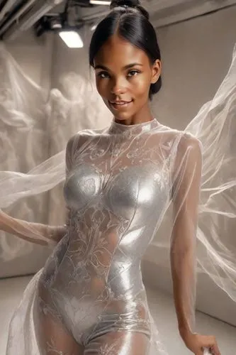 a woman wearing a silver bodysuit is posing,vrih,letoya,rhianna,ciara,ashanti,azealia,Photography,Realistic