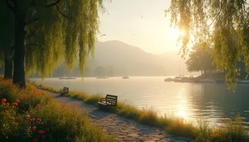 Serene lakefront, morning mist, soft golden light, gentle ripples on calm water, lush green trees lining the shore, weeping willows dipping into the lake, vibrant wildflowers blooming along the waterf