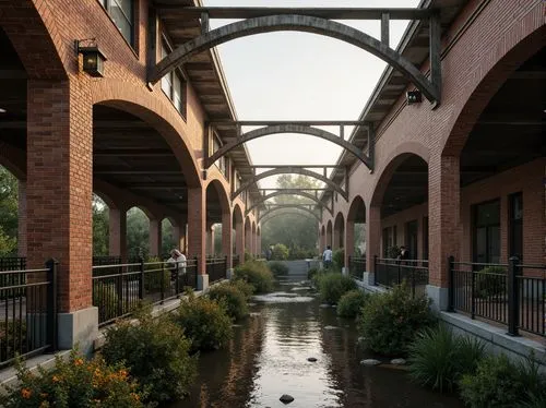 Rustic bridge, textured brickwork, earthy tones, natural stone foundations, steel arches, industrial chic, urban landscape, misty morning, soft warm lighting, shallow depth of field, 1/1 composition, 