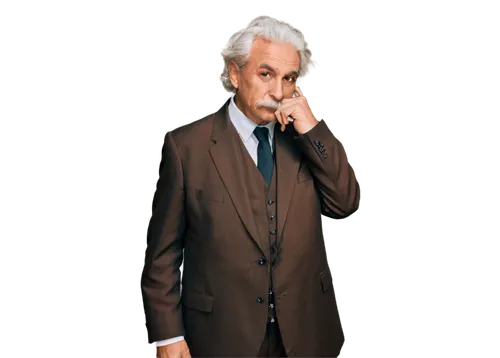 Einstein, old man, solo, (70yo), balding hair, mustache, wise eyes, wrinkles, brown suit, white shirt, black tie, pocket watch, holding chalk, standing, serious face, warm lighting, shallow depth of f