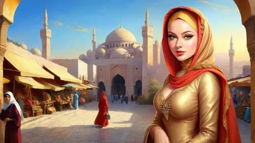 Romantic masterpiece oil painting, beautiful girl portrait, abaya dress, nostalgic 1950's style kitsch, breathtaking beautiful epic vast landscape, majestic scenery, Persian Middle Eastern street baza