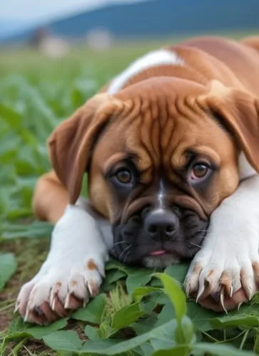 there is a dog that is laying down on the grass,cute puppy,dogue de bordeaux,english bulldog,dwarf bulldog,dog puppy while it is eating,dubernard,Photography,General,Realistic