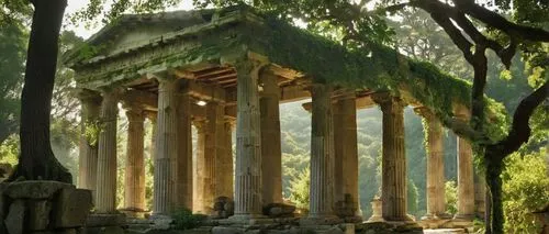 Ancient Greek architecture, grandiose stone columns, ornate font carvings, intricate details, weathered stone walls, crumbling edges, overgrown with vines, abandoned temple, misty atmosphere, warm sun