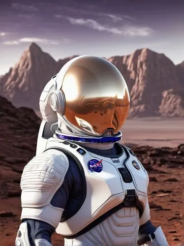 Agera RST, futuristic astronaut, masculine, strong jawline, short white hair, blue eyes, muscular arms, NASA uniform, helmet with golden visor, backpack with oxygen tank, standing on Mars surface, bar