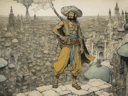 rem in arabian nights,orientalism,the wanderer,ibn tulun,turban,persian poet,middle eastern monk,sikh,sultan ahmed,moorish,islamic lamps,kul-sharif,caravansary,merchant,nomad,ottoman,medina,the pied piper of hamelin,constantinople,wanderer,Illustration,Retro,Retro 25