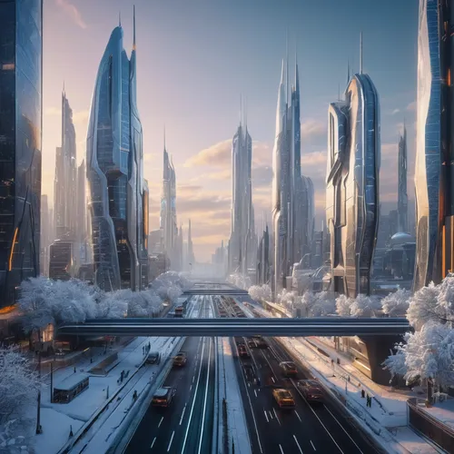 futuristic city during winter,futuristic landscape,futuristic architecture,metropolis,fantasy city,dubai,ice planet,futuristic,smart city,dubai marina,infinite snow,business district,moscow city,sci-f