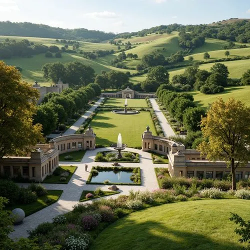 Rolling hills, lush green grass, ornate fountains, symmetrical walkways, decorative stone statues, classical columnar architecture, grandeur entrance gates, vibrant flower beds, manicured hedges, rust