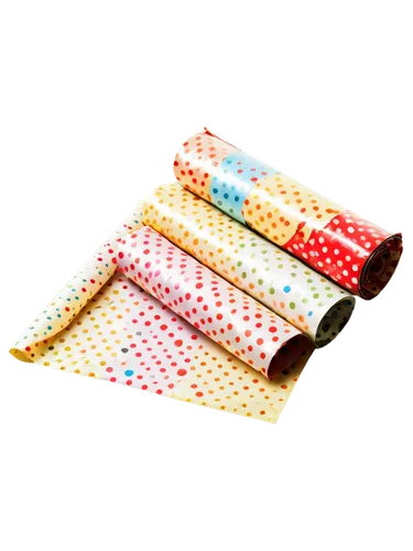 Wrapping paper, colorful polka dots, shiny surface, crinkled texture, rolled up, loose edges, scattered on floor, morning light, soft focus, warm color tone, 3/4 composition, shallow depth of field.,c