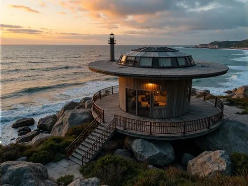 Watchtower on rocky coastline, rugged cliffside, crashing ocean waves, salty sea air, nautical themed architecture, weathered wooden decks, rusty metal railings, lantern-style lighting, circular obser