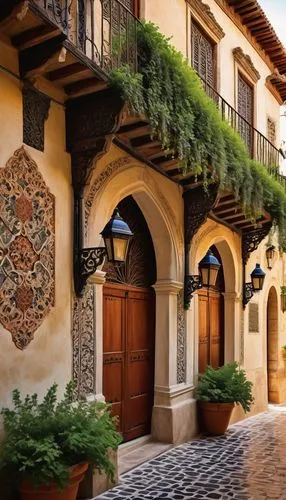 Ancient Spanish architectural details, ornate stone carvings, intricate Moorish patterns, grand arches, majestic columns, vibrant ceramic tiles, rustic wooden doors, ornamental ironwork, balconies wit