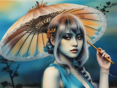 a portrait with a cigarette and a parasol,hoshihananomia,geisha girl,japanese art,karou,parasol,fantasy art,Illustration,Japanese style,Japanese Style 09