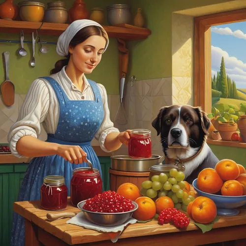 girl in the kitchen,woman holding pie,woman eating apple,east-european shepherd,domestic animal,girl with dog,cookery,food preparation,jack russell,housewife,milkmaid,girl picking apples,grant wood,pet food,carpathian shepherd dog,domestic life,english shepherd,cleaning woman,red apples,red riding hood,Illustration,Realistic Fantasy,Realistic Fantasy 26