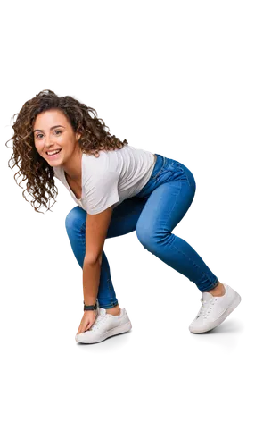 Funny woman, booty pop, humorous facial expression, bright smile, curly brown hair, minimal makeup, casual clothing, ripped jeans, crop top, sneakers, playful pose, bending over, hands on knees, comed