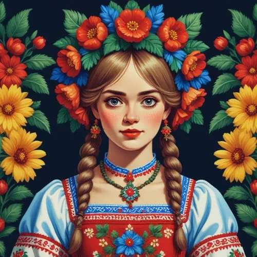 Realistic image of russian girl,an oil painting of a girl in a floral wreath,russian folk style,ukrainska,girl in flowers,uzbek,belarussian,dagestani