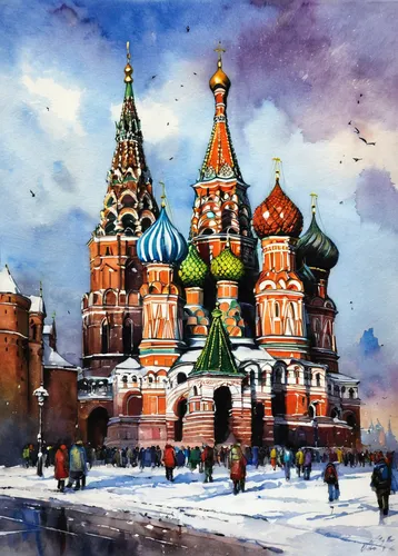 St. Basil's Cathedral and the Spassky Tower of the Moscow Kremli,the red square,red square,kremlin,the kremlin,saint basil's cathedral,moscow city,moscow,moscow 3,russia,basil's cathedral,russian wint