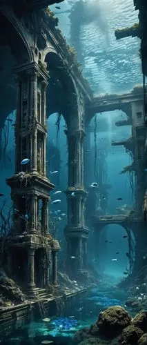 underwater oasis,underwater landscape,atlantis,sunken church,underwater playground,imperial shores,atlantik,ancient city,subterranea,aquarium,underwater background,aqua studio,lagoon,apiarium,aquaculture,atlantica,yamatai,labyrinthian,waterworld,undock,Conceptual Art,Fantasy,Fantasy 33