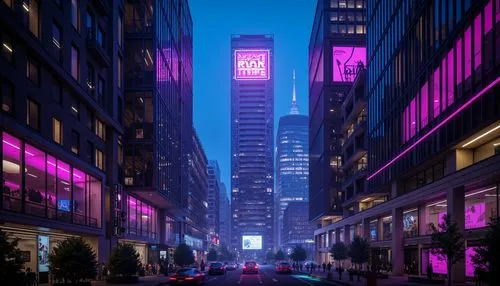 Neon-lit cityscape, futuristic skyscrapers, metallic surfaces, glowing blue accents, vibrant pink hues, electric purple tones, dark shadows, high-contrast lighting, sleek lines, minimalist design, cut