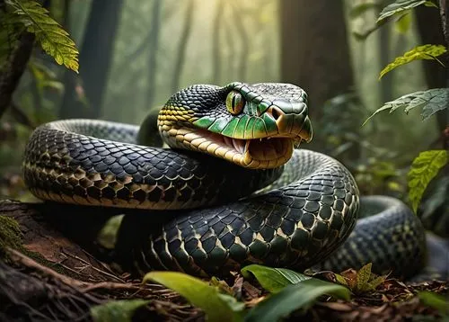 King Cobra, majestic pose, regal scales, green and brown camouflage pattern, piercing yellow eyes, sharp fangs, coiled body, forest floor, dense foliage, misty atmosphere, warm sunlight filtering thro