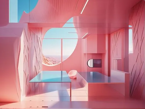 ufo interior,cubic house,panoramical,sky space concept,virtual landscape,3d render,pink squares,3d rendering,sky apartment,3d fantasy,pink vector,interiors,render,fractal environment,modern room,an apartment,futuristic art museum,pink chair,pink paper,cube house,Photography,General,Realistic