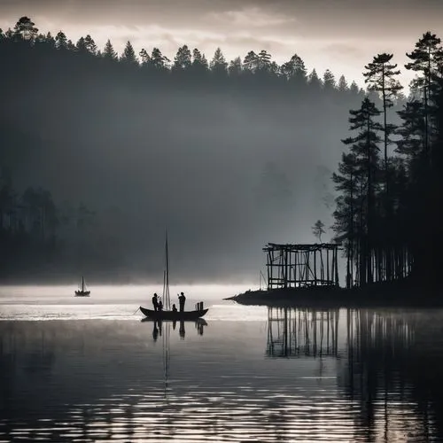 Two fisherman in a sailboat an a large misty mistrious lake in to the sekoya forest. Very calm place. Birds are flying over the lake. There is a little but cozy cabin with a little wooden scaffolding 