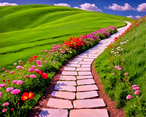 pathway,flower field,landscape background,meadow landscape,springtime background,blooming field,spring background,nature background,field of flowers,flowers field,flower garden,way of the roses,walking in a spring,home landscape,hiking path,nature landscape,flower meadow,sidewalk,flower background,walkway,Art,Artistic Painting,Artistic Painting 44