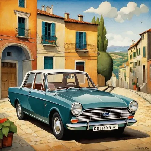 fiat 1200,fiat 850,fiat 125,renault 8,innocenti mini,fiat 124,simca,fiat 1100,alfa romeo 1750 berlina,peugeot 204,fiat 600,austin a40 farina,simca 1307,seat 600,austin allegro,austin 1800,ford cortina,rover p4,triumph vitesse,lotus cortina,Art,Artistic Painting,Artistic Painting 29