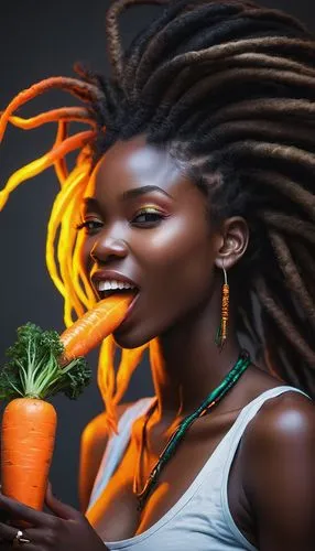 acute girl Biting into a carrot,    strong thighs,   a perfect body, ,dreadlocks,cayenne pepper,african woman,safflower,rasta flag,cayenne,fire artist,rasta braids,valencia orange,woman eating apple,a