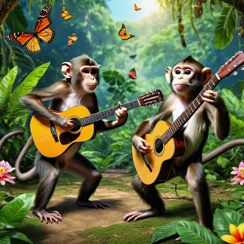 monkeys dancing with their guitar in the jungle, flowers, butterflies,monkeys band,primates,great apes,cavaquinho,monkey family,musicians,banjo uke,tropical animals,ukulele,monkeys,bonobo,banjo guitar