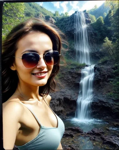 a woman wearing sunglasses standing in front of a waterfall,waterfalls,waterfall,water fall,gioc village waterfall,jeju cheonjiyeon waterfall,green waterfall,cachoeira,brown waterfall,ilse falls,necta