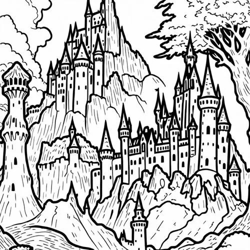 coloring pages,fairy tale castle,coloring page,spires,castles,tirith,hogwarts,knight's castle,castle of the corvin,disney castle,fairytale castle,diagon,fantasyland,castle,gold castle,haunted castle,fantasy city,coloring pages kids,magic castle,ruined castle,Design Sketch,Design Sketch,Rough Outline