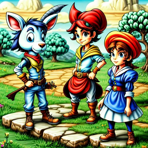 adventure game,childhood friends,children's background,conker,game characters,game illustration,action-adventure game,magical adventure,childhood,villagers,scandia gnomes,dosbox,swordsmen,rabbit family,fable,child fox,game art,three friends,knight village,robin hood