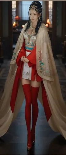 双腿并拢直立，双腿不交叉,a woman dressed up in red stockings and holding a white bag,hanbok,diaochan,jiarui,miss circassian,rem in arabian nights,santapaola,mayoress,prinzregent,takarazuka,emperatriz,kalinka,kunq