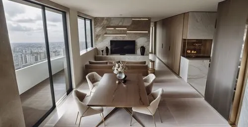 modern cream toned living room with kitchen on right side. window left side. LARGE WINDOW with outside view to the city. modern soho living room with toned marble flooring and marble on walls. ,pentho