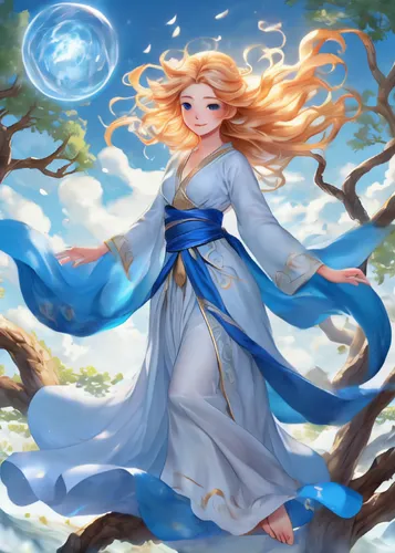 nami,zodiac sign libra,yogananda,jessamine,tilia,blue enchantress,goddess of justice,merida,celtic woman,priestess,blue moon rose,sorceress,fantasy picture,fae,luna,faerie,fairy tale character,skyflower,virgo,azure,Illustration,Japanese style,Japanese Style 01