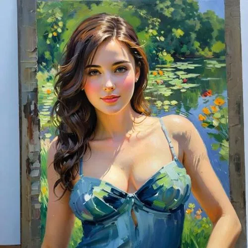 vietnamese woman,zhulin,oil painting,photo painting,art painting,blue painting,xiaofei,flower painting,italian painter,ilyin,painting,girl on the river,donsky,girl in the garden,girl in a long dress,g